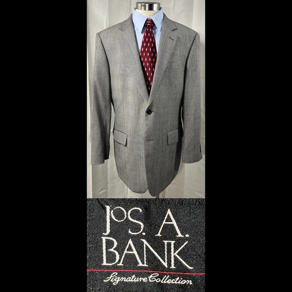 Jos. A. Bank Signature Collection Mens 44R Grey Glen Plaid 100% Wool Blazer Coat